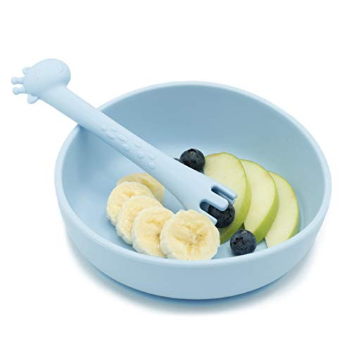 You're Only Little Once Silicone Suction Bowl with Training, Teething Giraffe Spoon/Fork for Babies and Toddlers (Light Blue Bowl & Spoon Set)