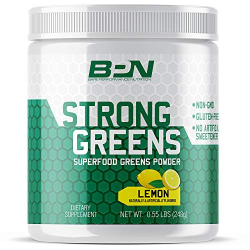 Bare Performance Nutrition, Strong Greens Superfood Powder, Antioxidants, Non-GMO, Gluten Free and No Artificial Sweeteners, Wheat Grass, Coconut Water, Turmeric and Monk Fruit (30 Servings, Lemon)