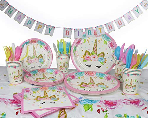 Unicorn Birthday Party Supplies - Plates, cups, napkins, utensils, table cover & banner - Serves 16 Unicorn Birthday Party Supplies - Plates, cups, napkins, utensils, table cover & banner - Serves 16