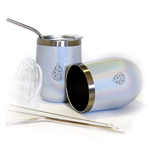 12oz Insulated Wine Tumbler With Lid and Straw Set - 2 Pack - Stemless Double Wall Vacuum Insulated Stainless Steel - Stainless Steel Straws,Cleaning Brushes,BPA Free,Outdoor,Indoor,Hot,Cold