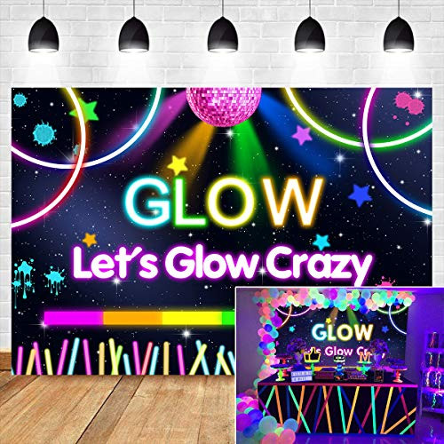 FLASIY Let's Glow Crazy Backdrop 10x7ft Music Splatter Neon Party Photography Background for YouTube Event Birthday Cake Table Banner Photo Video Studio Props LHAY677