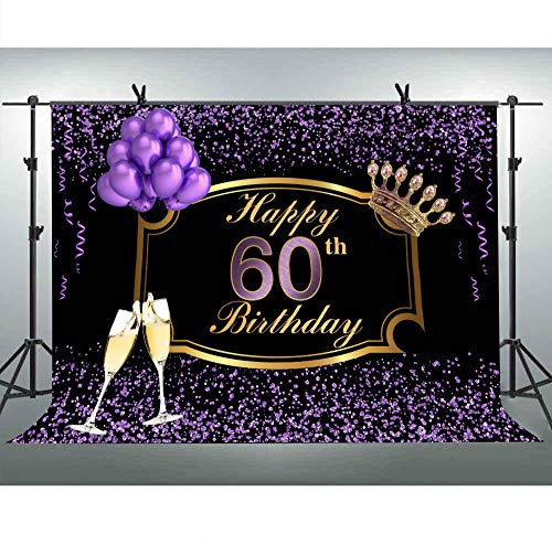 FLASIY Happy 60th Birthday Backdrop 10x7FT Purple Balloon Champagne Photography Backgrounds for Bithday Party Decoration Cake Table Banner Photo Studio Props LHAY620