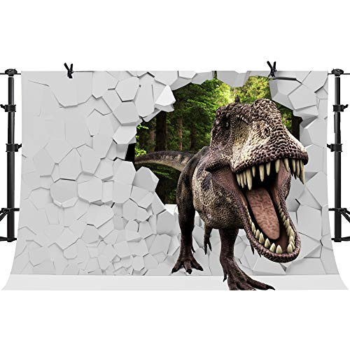 PHMOJEN Dinosaur White Broken Wall Photography Backdrop Primeval Forest Background Baby Shower Children Theme Birthday Party Photo Backdrop Vinyl 10x7ft Banner HXPH085