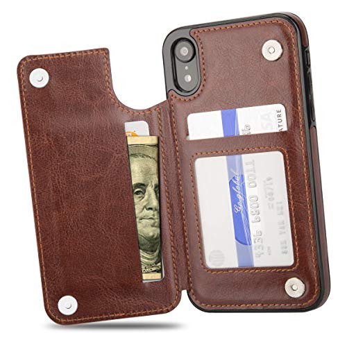 CamdiBot iPhone XR Wallet Case with Card Holder, Premium PU Leather Kickstand Card Slots Case, Double Magnetic Clasp and Durable Shockproof Cover for iPhone XR 6.1 Inc (Brown)