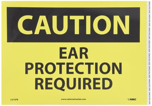 NMC C472PB OSHA Sign, Legend "CAUTION - EAR PROTECTION REQUIRED", 14" Length x 10" Height, Pressure Sensitive Adhesive Vinyl, Black on Yellow