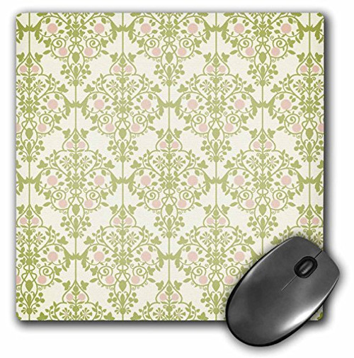 3dRose LLC 8 x 8 x 0.25 Inches Mouse Pad, Pink/Green Damask Pattern on White Background (mp_44223_1)