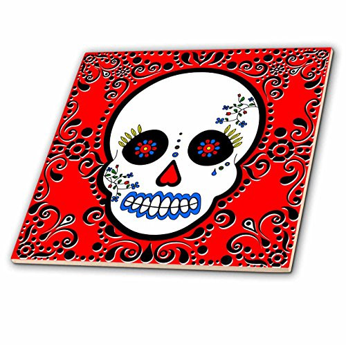 3dRose ct_28866_1 Day of The Dead Skull Dia De Los Muertos Sugar Skull Red Black Scroll Design-Ceramic Tile, 4-Inch
