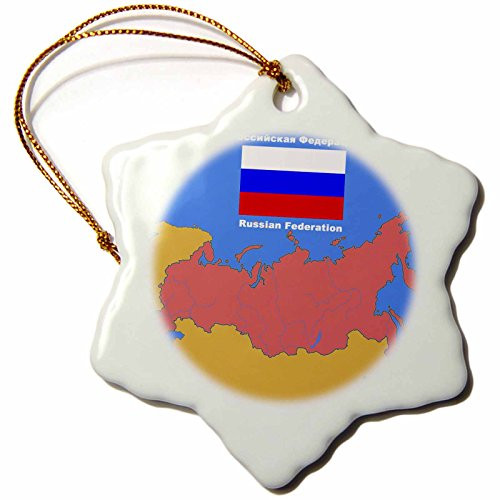 3dRose orn_42587_1 Map and Flag of The Russia with Russian Federation Printed in English and Russian-Snowflake Ornament, Porcelain, 3-Inch