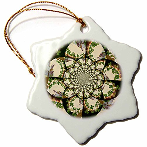 3dRose orn_42910_1 Shamrock and Blarney Castle Kaleidoscope-Snowflake Ornament, Porcelain, 3-Inch