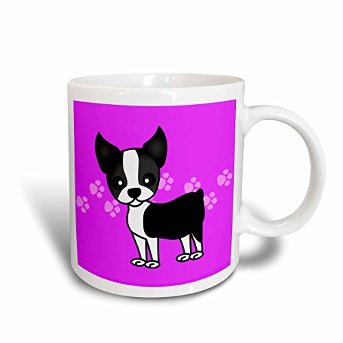 3dRose mug_12086_2 Cute Boston Terrier Purple Pawprint Background Ceramic Mug, 15-Ounce