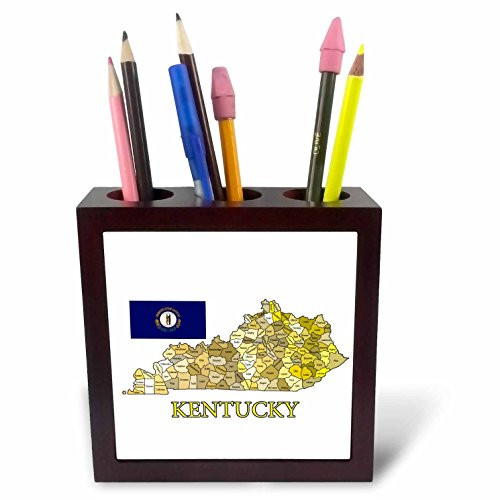 3dRose ph_186871_1 Flag and Map of Kentucky Showing All Counties in Tile Pen Holder, 5"