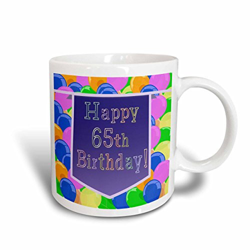 3dRose 174839_1""Balloons With Purple Banner Happy 65Th Birthday" Ceramic Mug, 11 oz, White