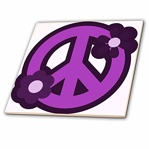 3dRose ct_124607_4 Purple Peace Sign with Purple Flowers Ceramic Tile, 12"