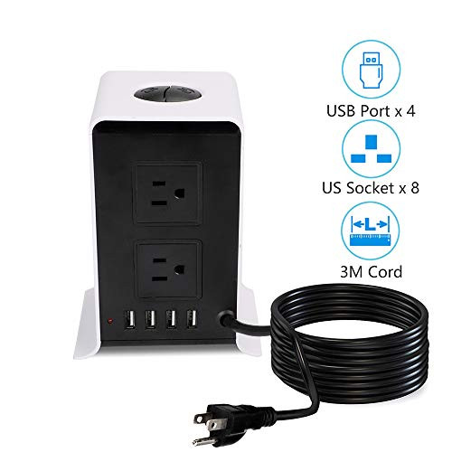 Power Strip Tower Surge Protector Electric Charging Station 10Ft Cord Wire Extension 3000W 13A 16AWG 10 Outlet Plugs with 4 USB Slot Universal Socket for PC Laptops Mobile