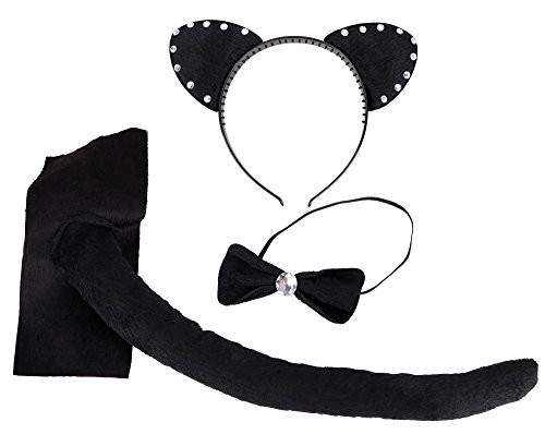 Animal Costume Accessories - Black Cat Ear Headband, Bow Tie, and Tail Set