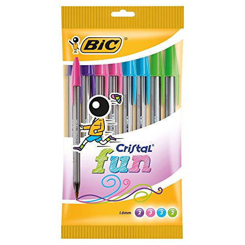BIC Cristal Fun Ballpoint Pens Wide Point (1.6 mm)  Assorted Colours, Pouch of 10