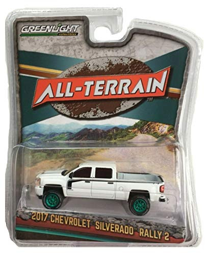 Greenlight Chase Green Machine 35130-E All-Terrain Series 8-2017 Chevrolet Silverado Rally 2 - White with Black Stripes 1:64 Scale