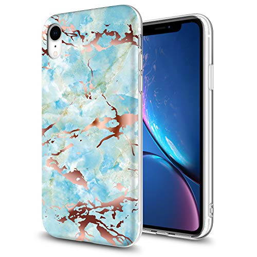 GORGCASE iPhone XR 2018 Case with Screen Protector,Slim Anti-Scratch Thin Armor Shock-Proof Cute Sparkle Bling Teen Girls Women Protective Cover for Apple iPhone XR 6.1 INCH Marble Light Blue