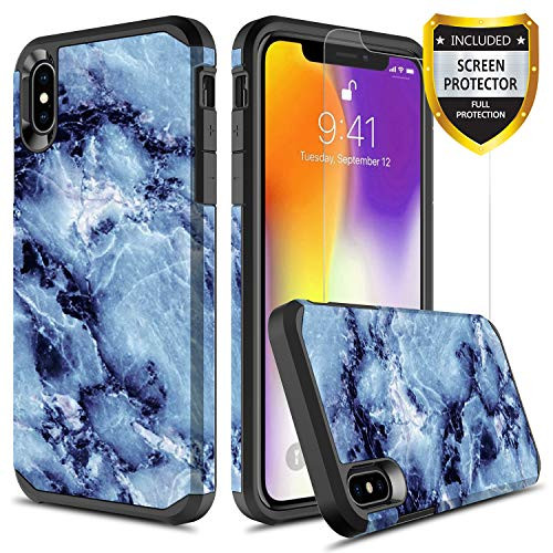 GORGCASE iPhone XR CASE with Screen Protector, Slim Thin Cute Shockproof Hard PC TPU Bumper Girly Girls Women Armor Drop Protection Impact Protective Cover for Apple iPhone XR Marble Blue