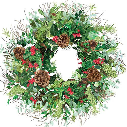 Paperproducts Design 3253061 Yuletide Wreath, White Beverage Napkin, 5" x 5", Multicolor