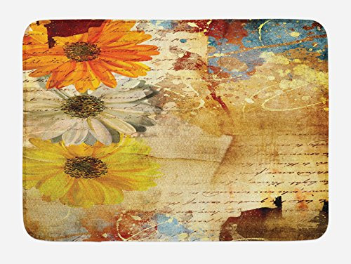 Ambesonne Grunge Bath Mat, Flowers and Lettering Poetry Orange Yellow Daisy Grunge Art with Paint Splashes Graphic, Plush Bathroom Decor Mat with Non Slip Backing, 29.5 W X 17.5 W Inches, Multicolor