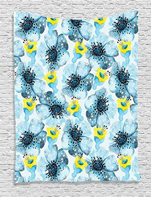 Ambesonne Watercolor Flower Decor Collection, Vintage Fabric Pattern Poppy Flower Watercolor Art Effect, Bedroom Living Kids Girls Boys Room Dorm Accessories Wall Hanging Tapestry, Blue Yellow White