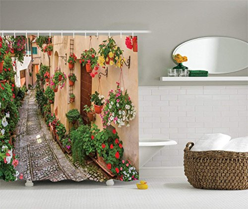 Ambesonne Tuscan Decor Collection, Tuscan House with Rustic Wooden Door and Flowers Image, Polyester Fabric Bathroom Shower Curtain Set, 75 Inches Long, Yellow Pink Red Green Salmon