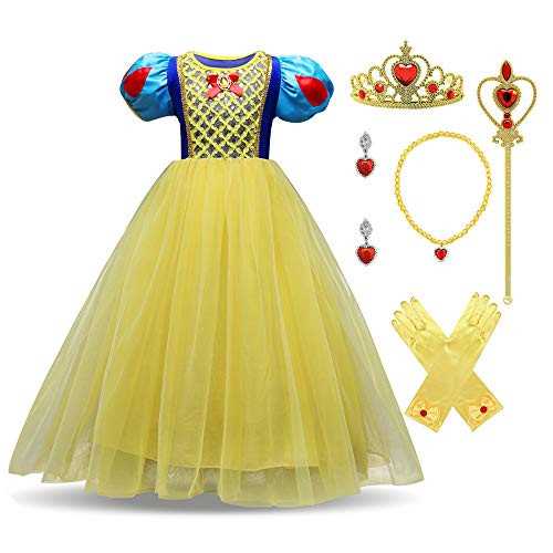 LENSEN Tech Little Girl Princess Snow White Costume Yellow Dress Up with Accessories(Yellow with Accessories, 6)