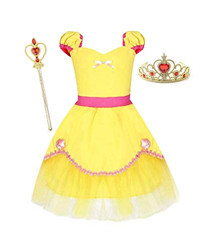 LENSEN Tech Princess Rapunzel Cinderella Belle Costume Baby Girls Dress with Crown Mace (Yellow, 4-5 Years)