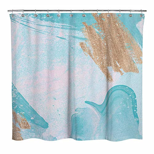 Sunlit Design Beautiful Abstract Painting Fabric Shower Curtain, Blue Sky with Gold Stripes Modern Style Bathroom Decoration Curtains