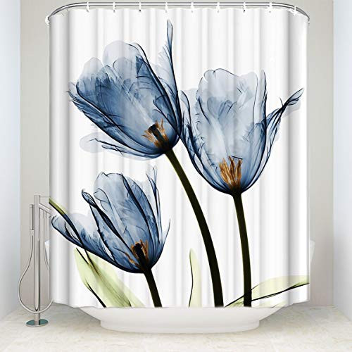 Prironde Blue Tulip Flowers Florals Shower Curtains Fabric Polyester Bathroom Curtains Hooks (Trio X-Ray) 72x72inch