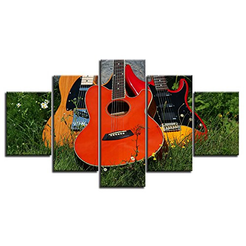 VIIVEI Music Guitar Wall Art Retro Artwork Canvas Prints Vintage Home Decor Decal Living Room Bedroom Rustic Modern Pictures 5 Panel Large Posters Painting Framed Ready to Hang (60" Wx32 H, 3)