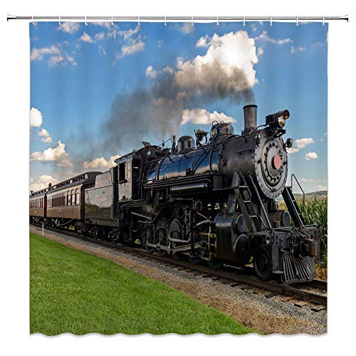 Lileihao Retro Steam Train Shower Curtains Bathroom Decor Party Background Waterproof Polyester Fabric Home Bath Accessories Shower Curtain Sets 69 x 70 Inch with Hooks