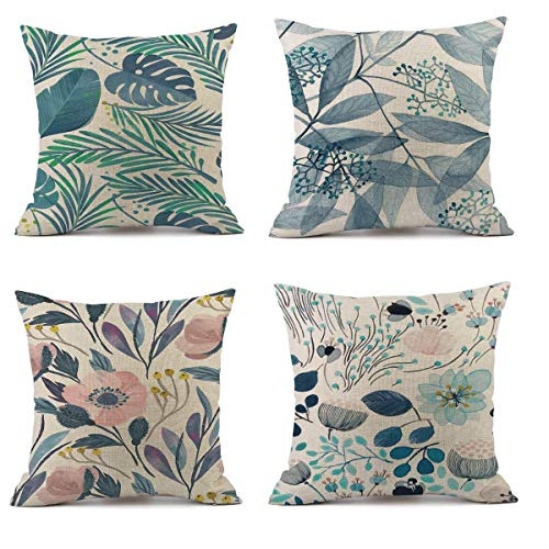 MELOODY Leaves Throw Pillow Covers Set of 4 Cotton Linen Summer Outdoor Patio Living Room Couch Sofa Car Decorative Square Body Pillow Case Covers 18x18 Inch