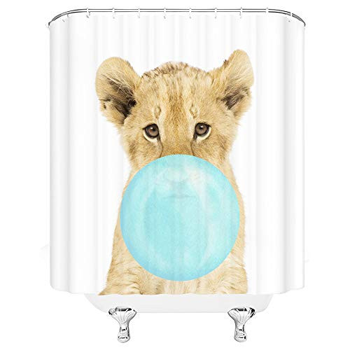 Cute Lion Shower Curtain King of The Forest Funny Animal Blowing Balloon White Tan Blue Bathroom Curtains Decor Polyester Fabric Quick Drying 70x70 Inches Include Hooks 