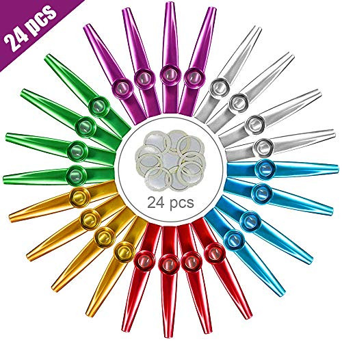 ATROPOS 24 Pcs Multicolor Metal Kazoos Musical Instruments Flutes With 24 Pcs Kazoo Flute Diaphragms Good Companion for Guitar,Ukulele, Violin, Piano for Kids Music Lovers