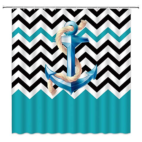 XZMAN Shower Curtain Chevron Graphics with Nautical Anchor Polyester Waterproof Bathroom Decor Set with Hooks,70 X 70 Inch,Black White