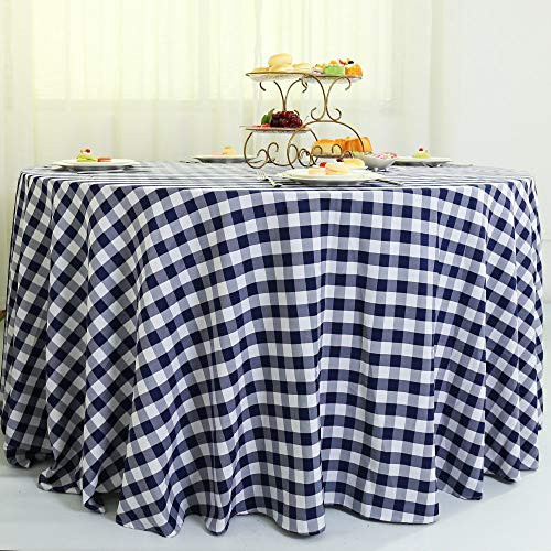 Zdada Round Navy Blue and White Check Table Cover Faric Checkered Table Cloth Polyester Tablecloth Grid Blanket 120inch