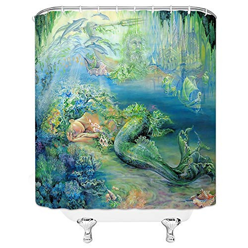 AMHNF Mermaid Shower Curtain Fantasy Ocean Marine Life Mermaid Girl in Seaside Home Bathroom Decor Quick Dry Fabric with 12 Hooks?70x70 Inch?Green Blue