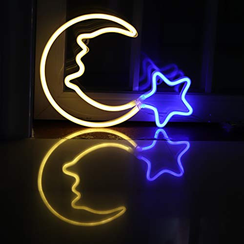 Moon Neon Light Blue Star Neon Sign USB Powered LED Neon Night Light for Children Wall Art Decorative Lights LED Crescent Moon Neon for Kids' Bedroom Christmas Gift(NEMWWSB)