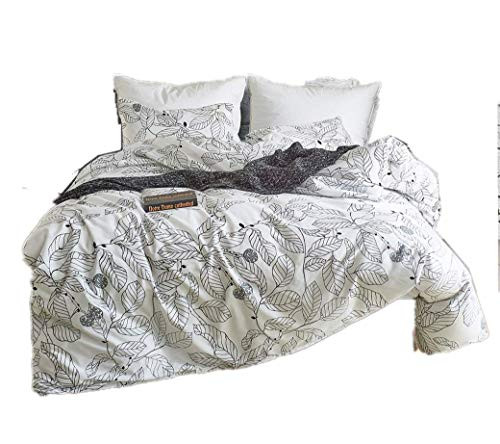 Fire Kirin Queen Duvet Cover Set with Zipper Closure 3Pcs (1 Duvet Cover + 2 Pillowcases) Black Lines of Leaves Floral Pattern 3 Piece Whtie Bedding Cover Set