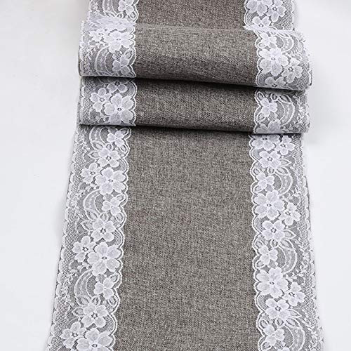 Uheng 12X108 Set of 5 Burlap Lace Hessian Table Runner Roll with White Lace Rustic Natural Jute Country Wedding Party Dining Table Decoration Farmhouse Events Décor (Grey)