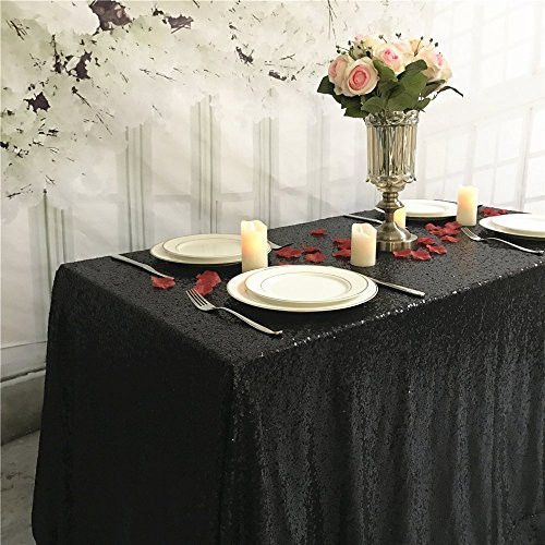 TRLYC 60 Inch by 120 Inch Black Sequin Rectangular Tablecloth