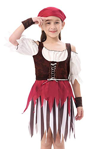 IKALI Baby Toddler Girl Pirate High Seas Buccaneer Costume Party Decoration Toy Kids Pretend Play Pirate Fancy Dress(3-4T)