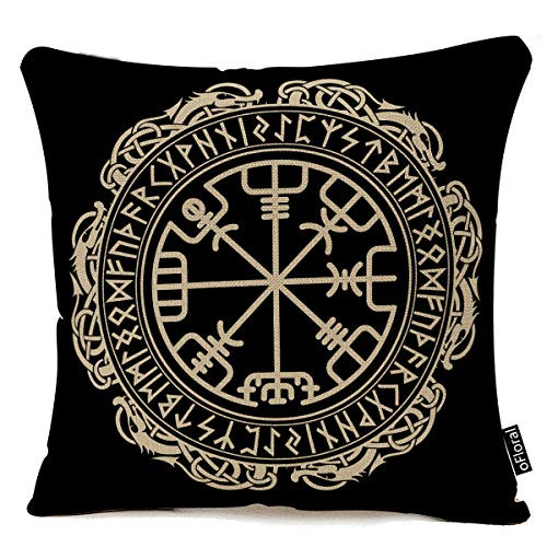 Square Decorative Throw Pillow Covers Black Celtic Viking Design Magical Runic Compass Vegvisir in The Circle of Norse Runes and Dragons Tattoo Pillow Case Cotton Linen 18x18 Inches Pillowcase