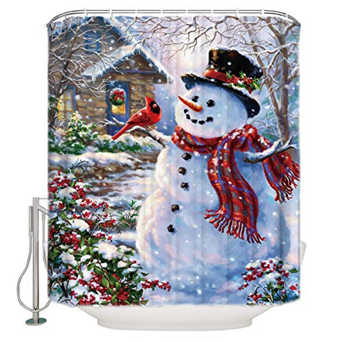 Prime Leader Shower Curtains for Bathroom Sets Christmas Snowman with Birds Bath Curtain Durable Waterproof Polyester Washable Shower Curtain Bathroom Accessories with Hooks 72" x 96"