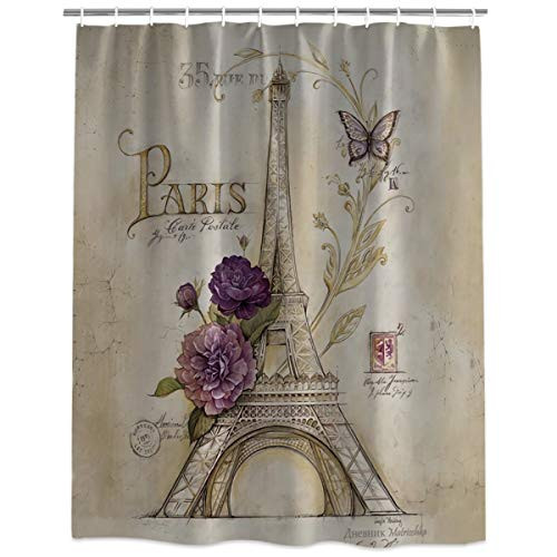 Polyester Fabric Shower Curtain Liner with Hooks Waterproof Stall Bathtub Curtains Set for Bathroom Decor - 36 x 78 Inch, Vintage Paris Effiel Tower Purple Flower