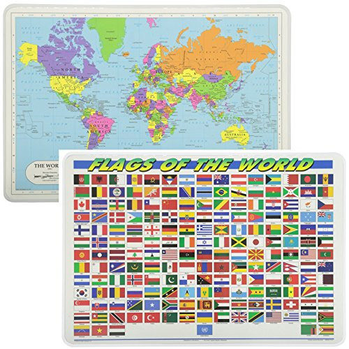 Painless Learning Educational Placemats World Map and World Flags Set Non Slip Washable