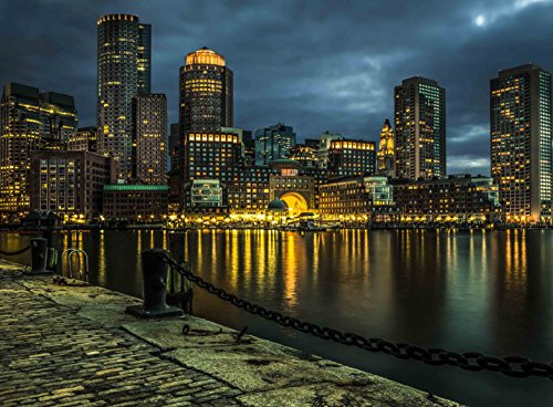 Adult Jigsaw Puzzle Boston Harbor City Skyline Night MA 500-Pieces