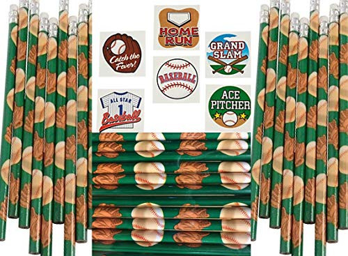 HAPPY DEALS ~ 36 Baseball Pencils + 72 Baseball Tattoos - Bulk Baseball Party Favors and Toys